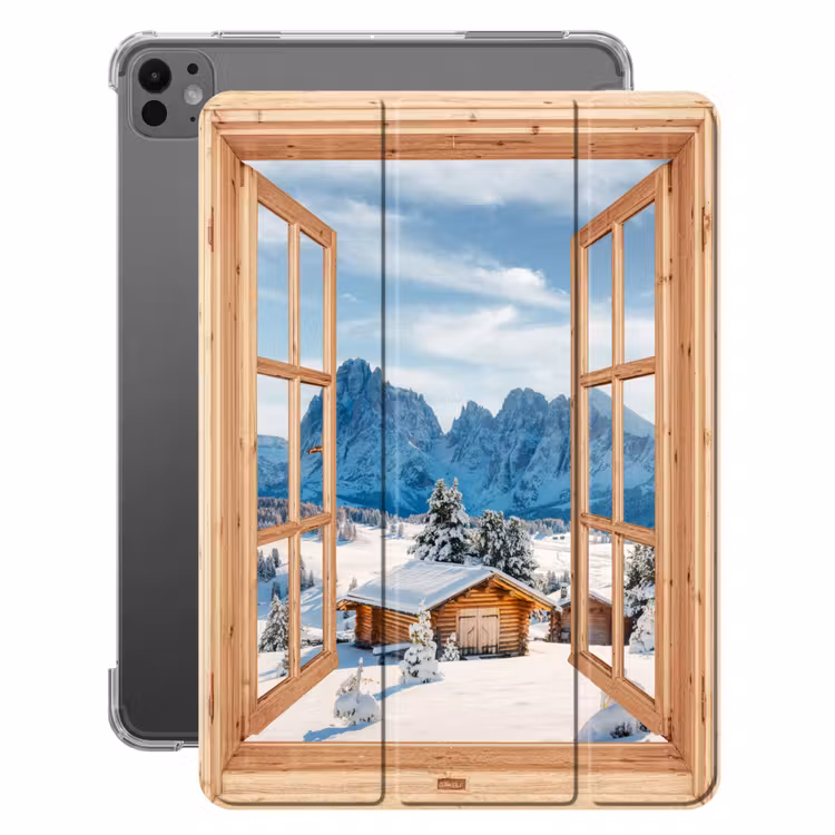 iPad-Hülle - Durchblick - Winterlandschaft - Hütte - Berge - Aussicht — 1