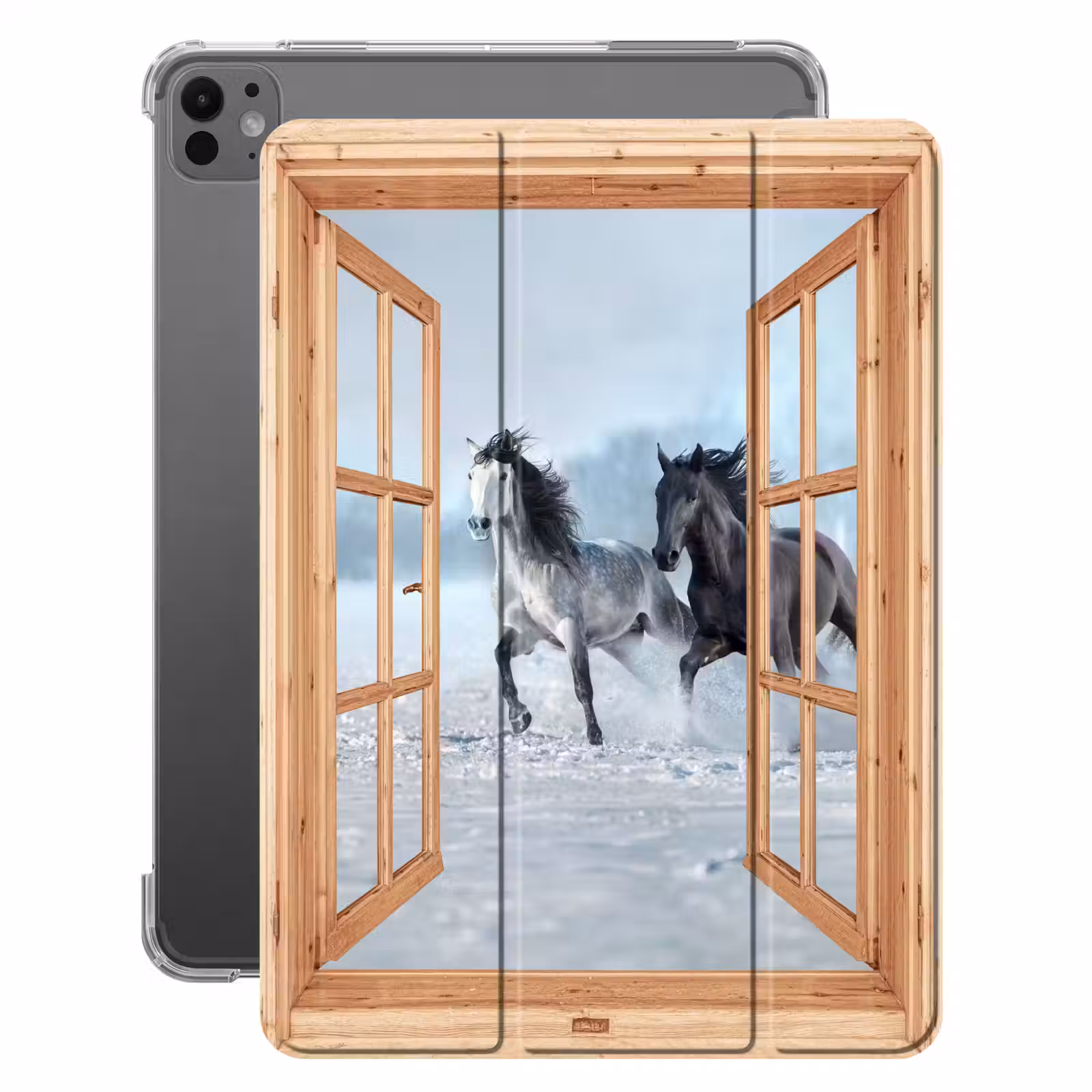 iPad-Hülle - Durchsichtig - Pferde - Winter - Tiere - Natur - Holz — 1