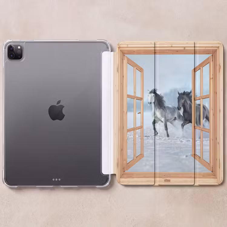 iPad-Hülle - Durchsichtig - Pferde - Winter - Tiere - Natur - Holz — 6
