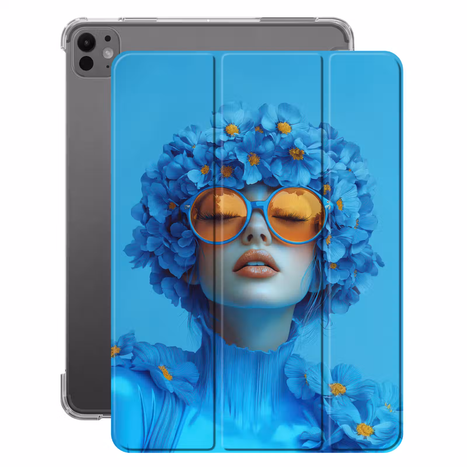 iPad-Hülle - Frau - Blume - Blau - Modern - Brille - Porträt — 1