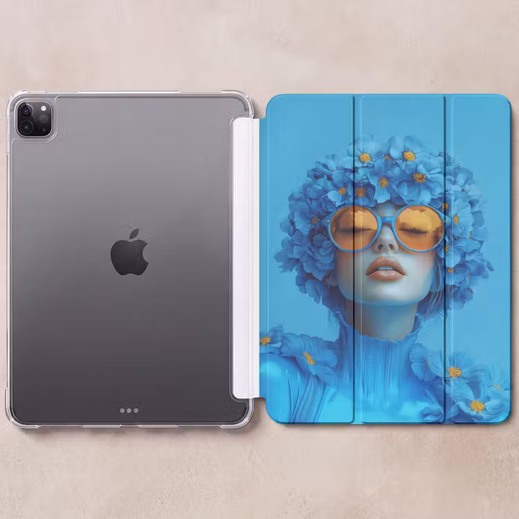 iPad-Hülle - Frau - Blume - Blau - Modern - Brille - Porträt — 6