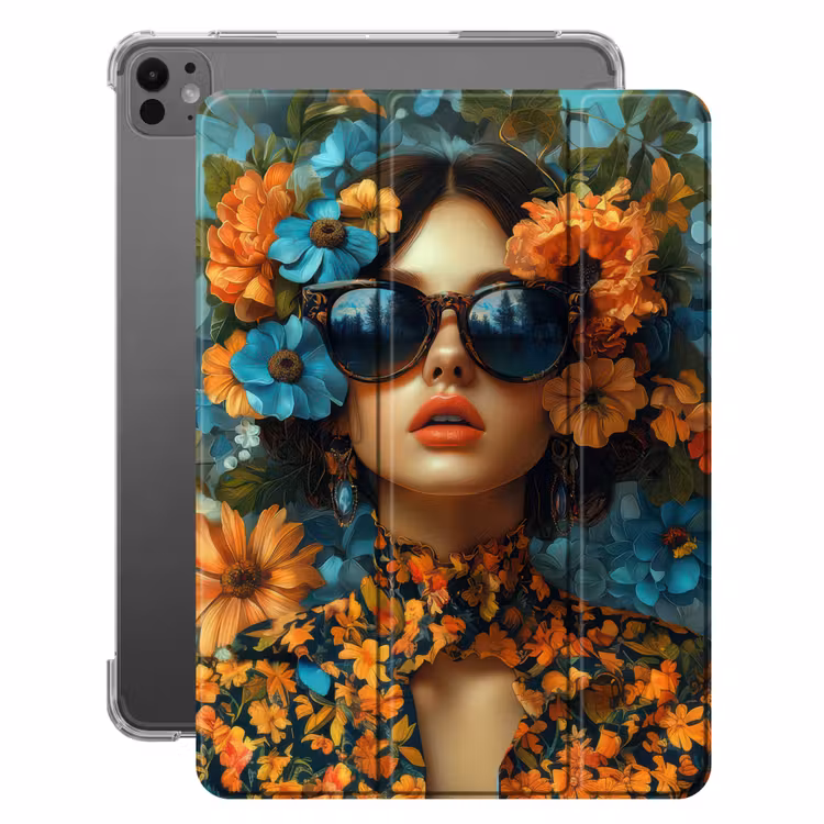 iPad-Hülle - Frau - Blumen - Orange - Blau - Modern — 1