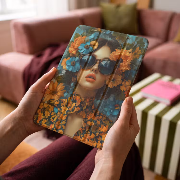 iPad-Hülle - Frau - Blumen - Orange - Blau - Modern — 4