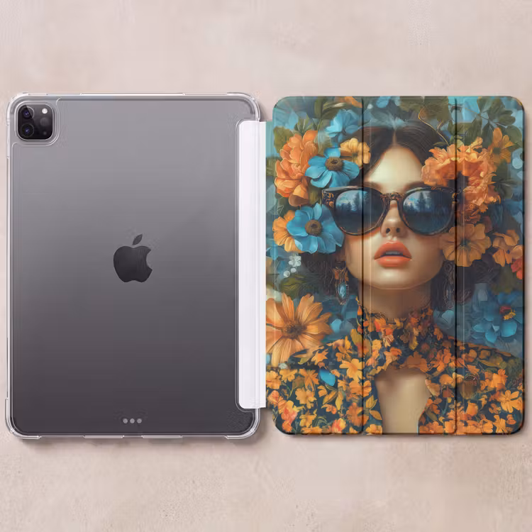 iPad-Hülle - Frau - Blumen - Orange - Blau - Modern — 6