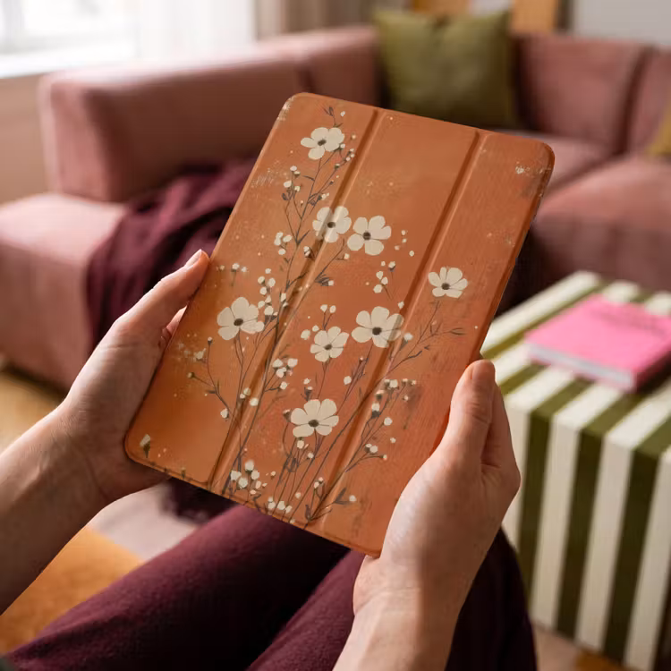 iPad-Hülle - Blumen - Weiß - Dezent - Rostfarbe — 4