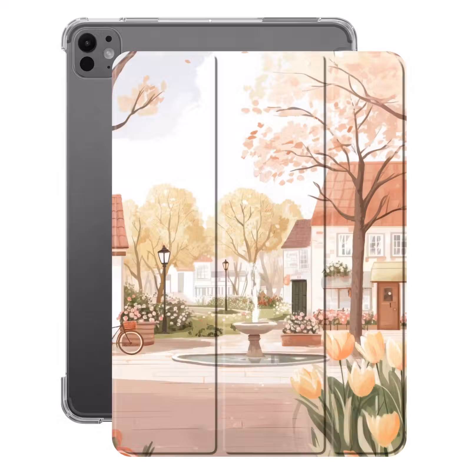 iPad-Hülle - Dorfplatz - Springbrunnen - Tulpen — 1