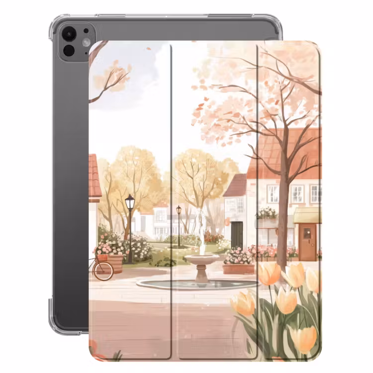 iPad-Hülle - Dorfplatz - Springbrunnen - Tulpen — 1