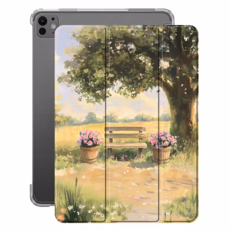 iPad-Hülle - Holzbank - Blumentöpfe - Landschaft — 1