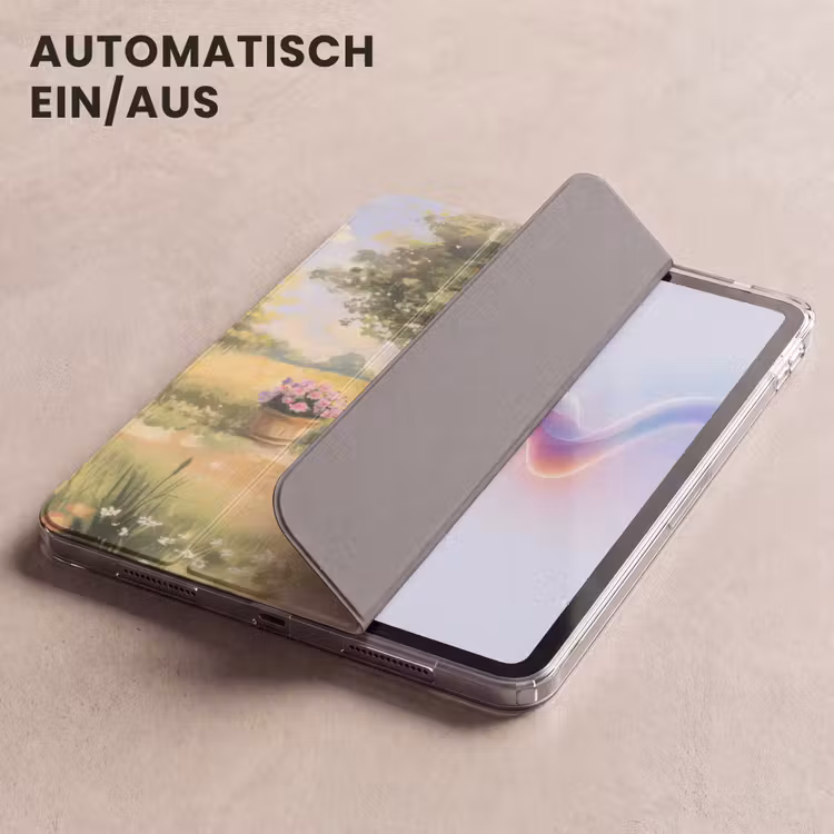 iPad-Hülle - Holzbank - Blumentöpfe - Landschaft — 5