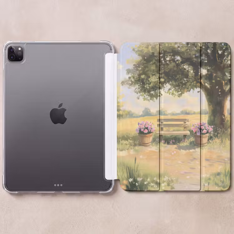 iPad-Hülle - Holzbank - Blumentöpfe - Landschaft — 6