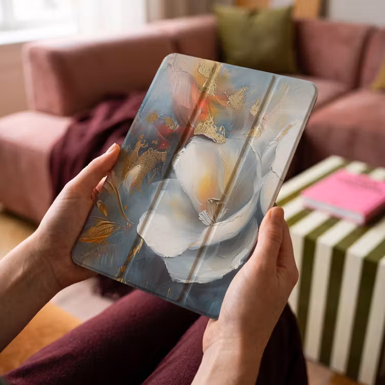 iPad-Hülle - Blumen - Weiß - Gold - Kunst - Abstrakt — 4