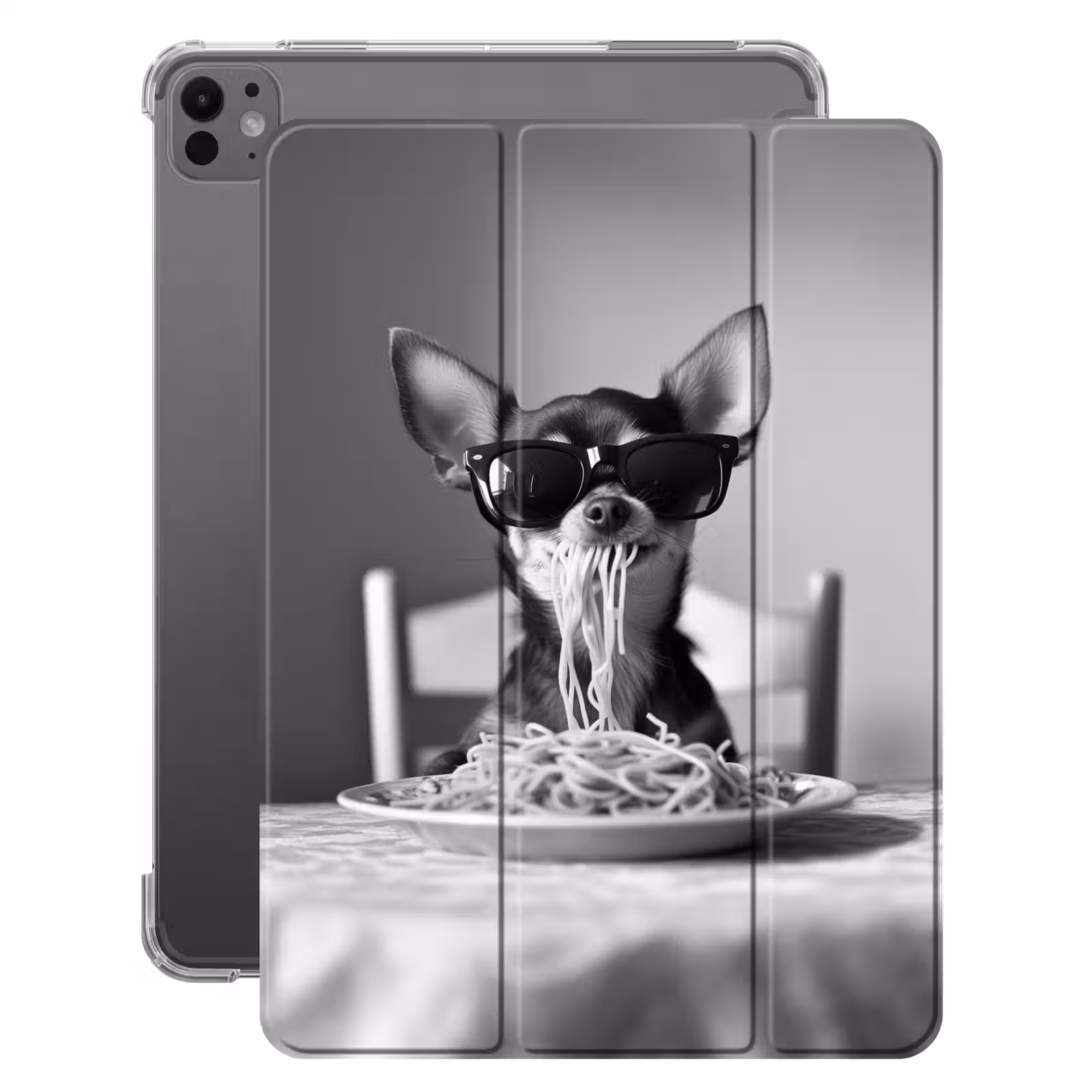 iPad-Hülle - Chihuahua - Hund - Sonnenbrille - Humorvoll - Schwarz - Weiß - Spaghetti — 1