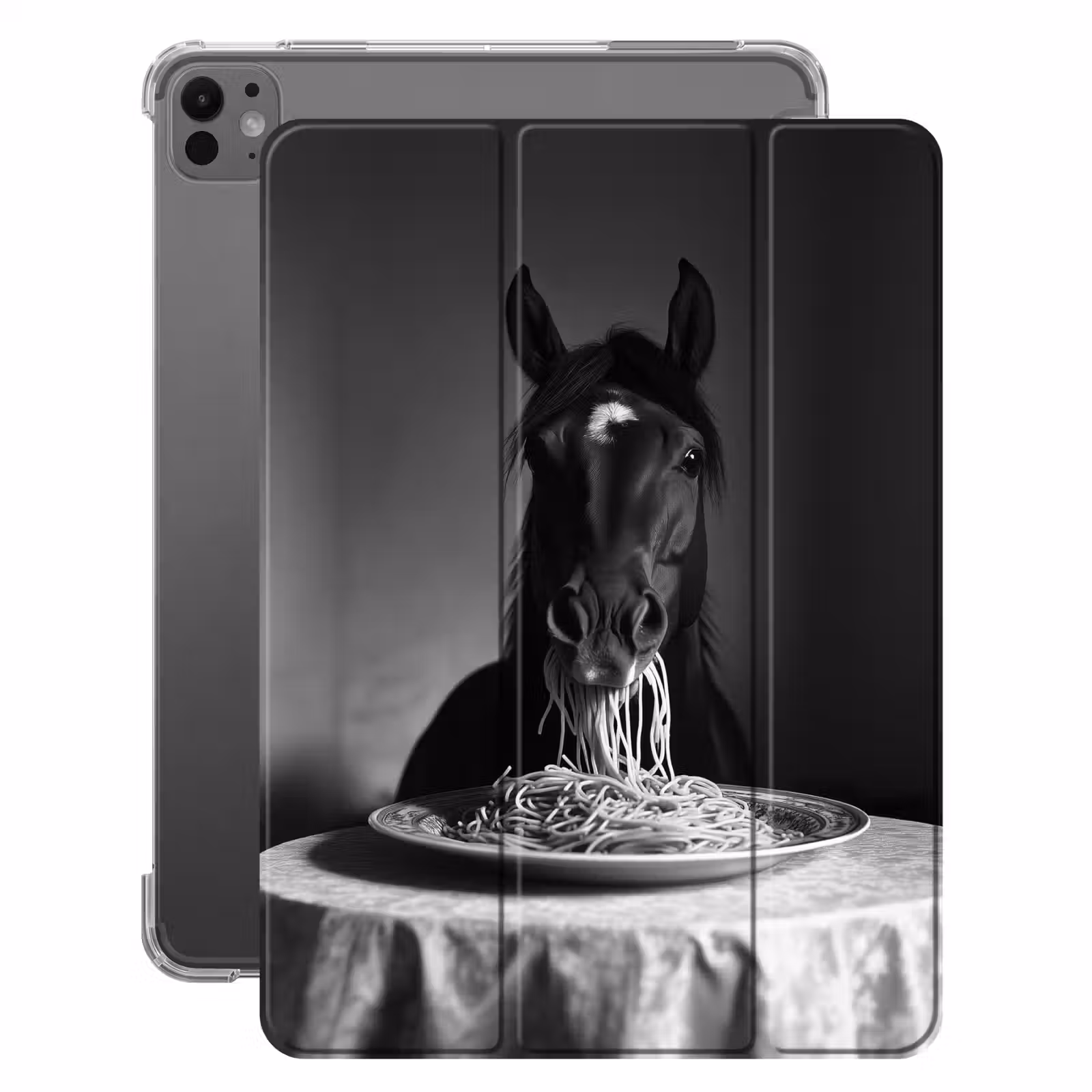 iPad-Hülle - Pferd - Teller - Pasta - Tischtuch - Schwarz und weiß - Tiere — 1