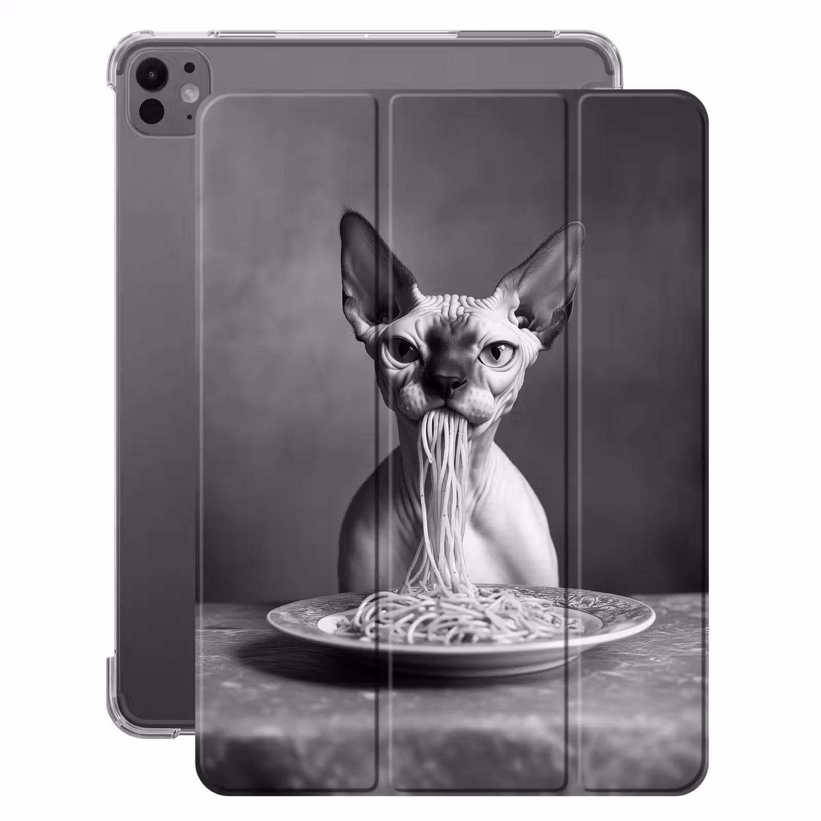 iPad-Hülle - Sphynx - Katze - Tiere - Humor - Spaghetti - Schwarz und Weiß — 1