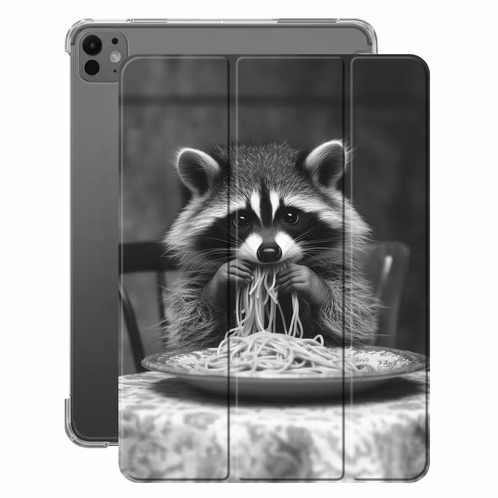 iPad-Hülle - Waschbär - Niedlich - Pasta - Tischtuch - Schwarz - Weiß — 1