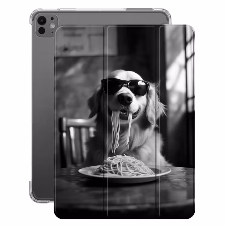 iPad-Hülle - Golden Retriever - Hund - Fröhlich - Teller Spaghetti - Schwarz - Weiß — 1
