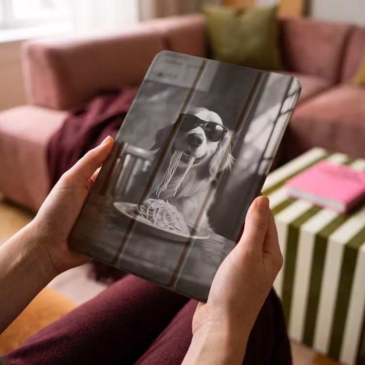 iPad-Hülle - Golden Retriever - Hund - Fröhlich - Teller Spaghetti - Schwarz - Weiß — 4