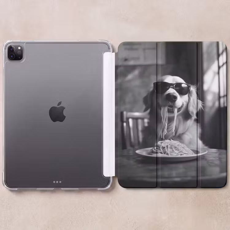 iPad-Hülle - Golden Retriever - Hund - Fröhlich - Teller Spaghetti - Schwarz - Weiß — 6