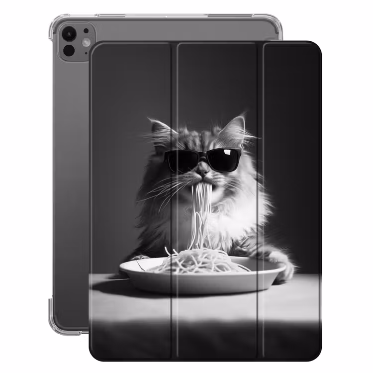 iPad-Hülle - Langhaarkatze - Sonnenbrille - Spaghetti - Humor - Schwarz - Weiß — 1