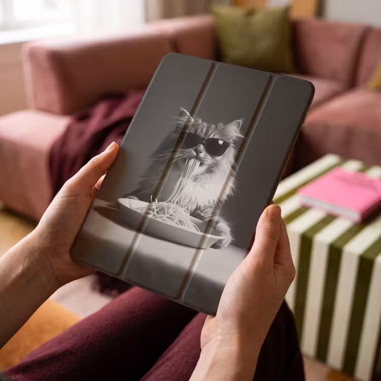 iPad-Hülle - Langhaarkatze - Sonnenbrille - Spaghetti - Humor - Schwarz - Weiß — 4