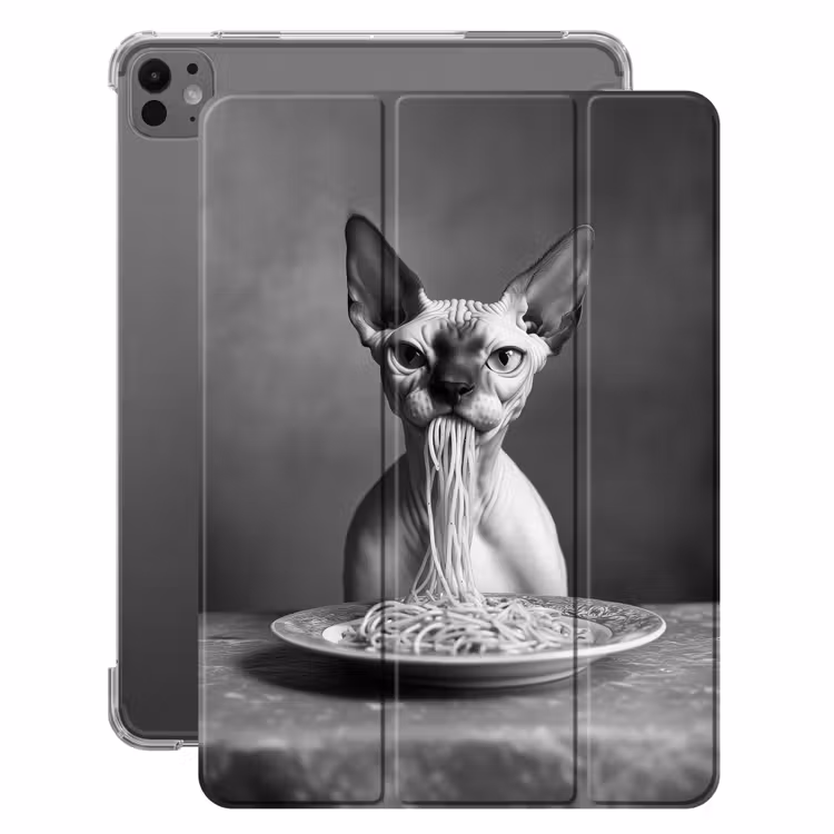 iPad-Hülle - Sphynx - Katze - Tiere - Humor - Spaghetti - Schwarz und Weiß — 1