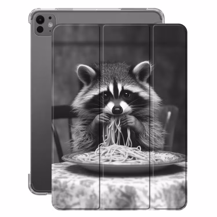 iPad-Hülle - Waschbär - Niedlich - Pasta - Tischtuch - Schwarz - Weiß — 1