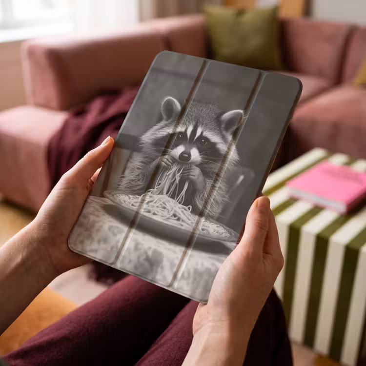 iPad-Hülle - Waschbär - Niedlich - Pasta - Tischtuch - Schwarz - Weiß — 4