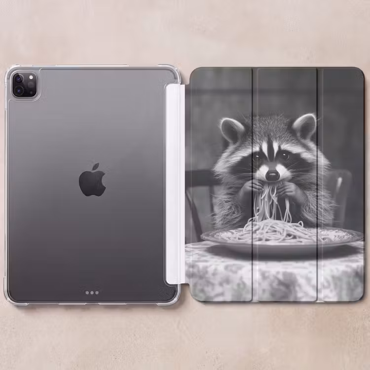 iPad-Hülle - Waschbär - Niedlich - Pasta - Tischtuch - Schwarz - Weiß — 6