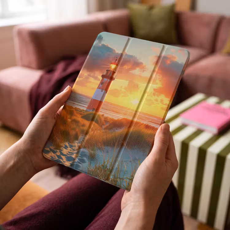 iPad-Hülle - Leuchtturm - Sonnenuntergang - Dünen - Horizont — 4