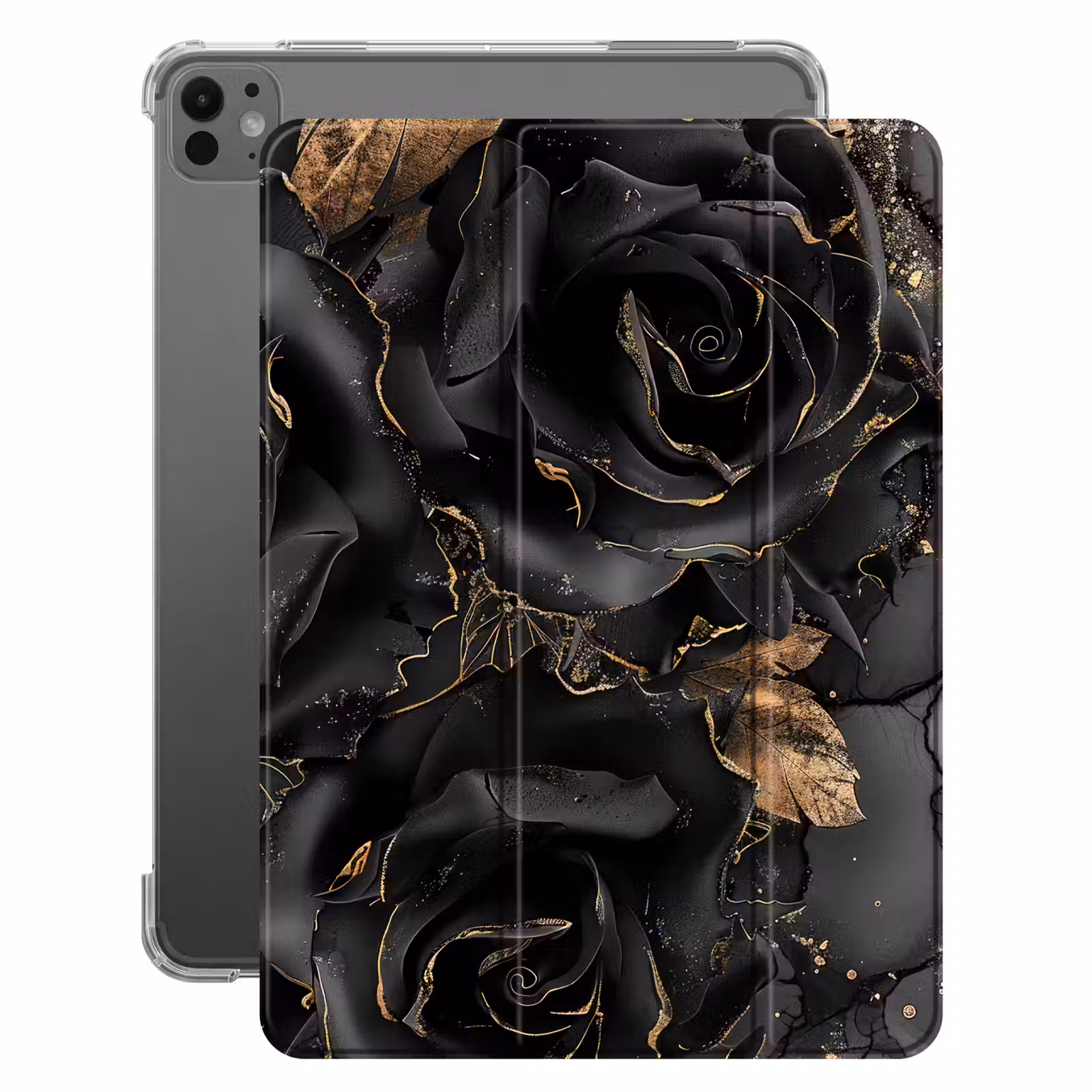 iPad-Hülle - Rosen - Schwarz - Blumen - Gold — 1