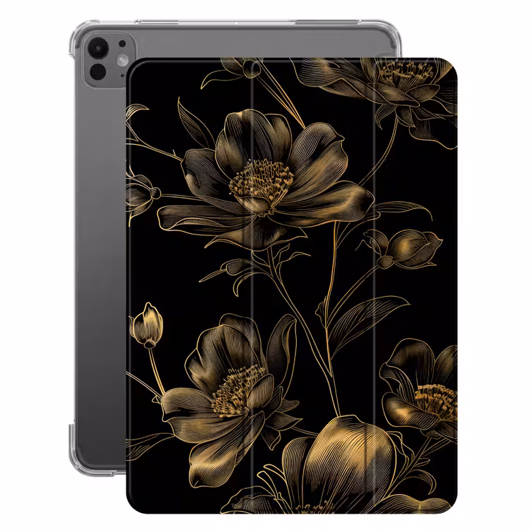 iPad-Hülle - Blumen - Schwarz - Gold - Strichzeichnung — 1