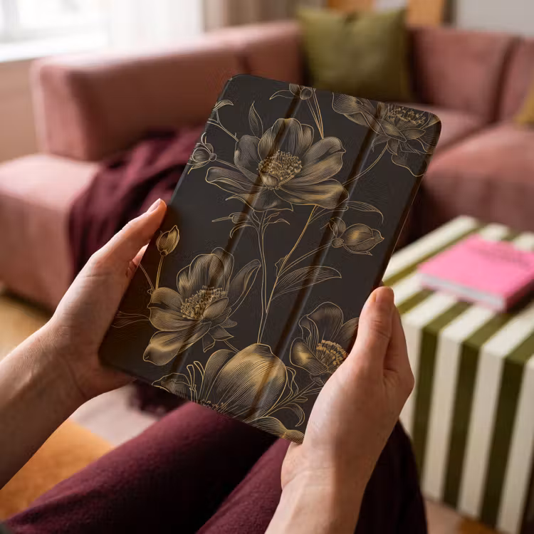 iPad-Hülle - Blumen - Schwarz - Gold - Strichzeichnung — 4