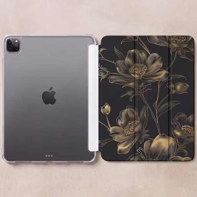 iPad-Hülle - Blumen - Schwarz - Gold - Strichzeichnung — 6