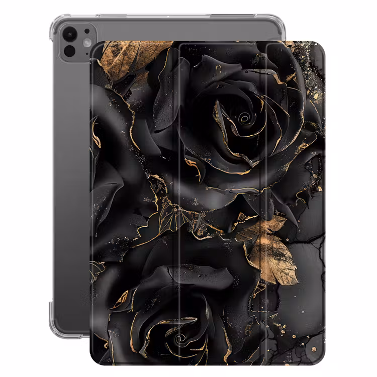 iPad-Hülle - Rosen - Schwarz - Blumen - Gold — 1