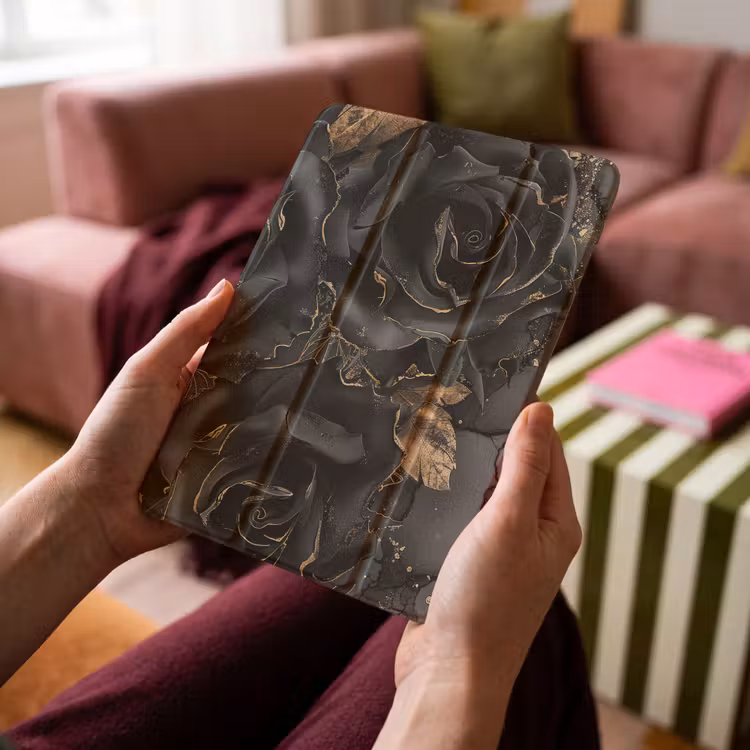 iPad-Hülle - Rosen - Schwarz - Blumen - Gold — 4