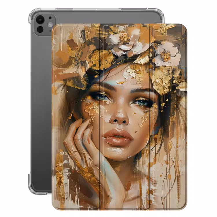 iPad-Hülle - Frau - Blumen - Gold - Porträt — 1