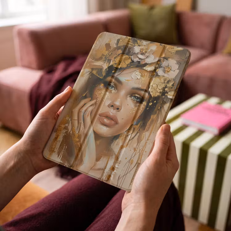iPad-Hülle - Frau - Blumen - Gold - Porträt — 4