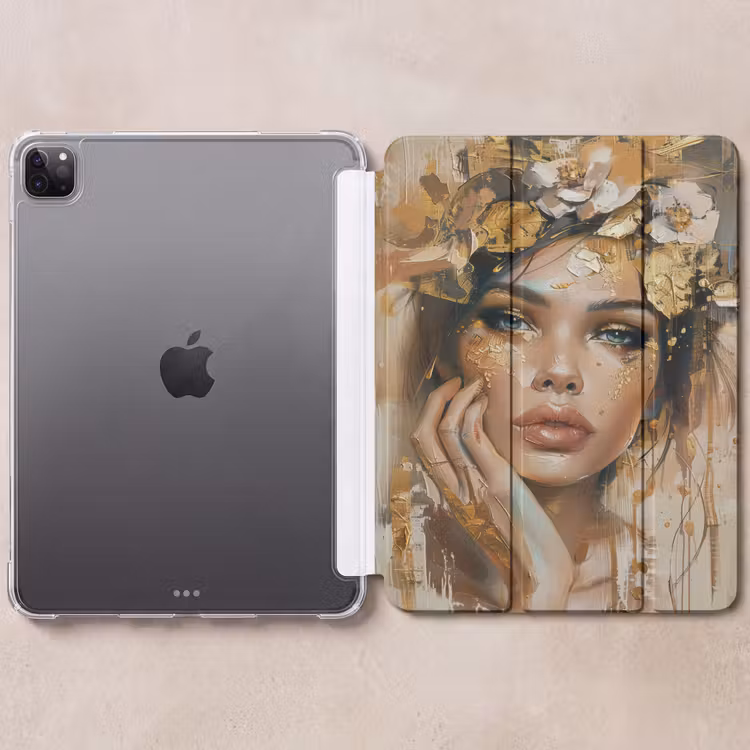 iPad-Hülle - Frau - Blumen - Gold - Porträt — 6