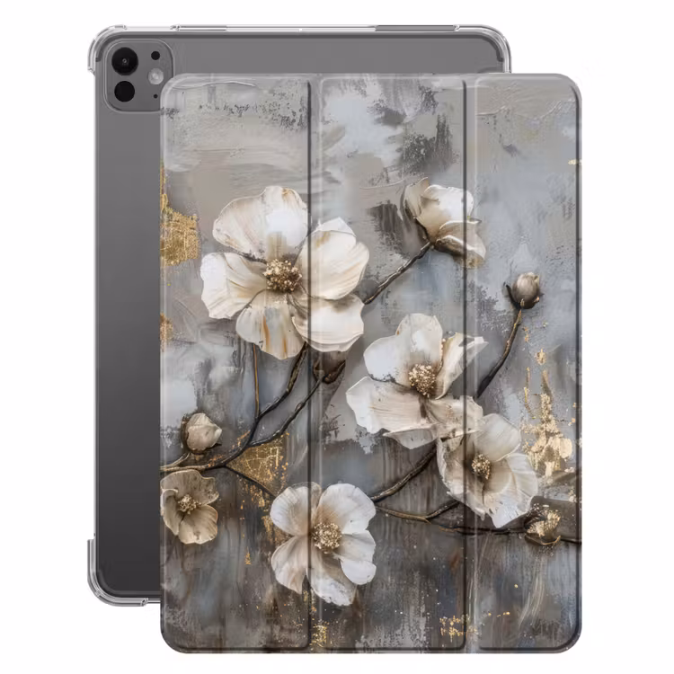 iPad-Hülle - Blumen - Weiß - Grau - Gold - Luxus — 1