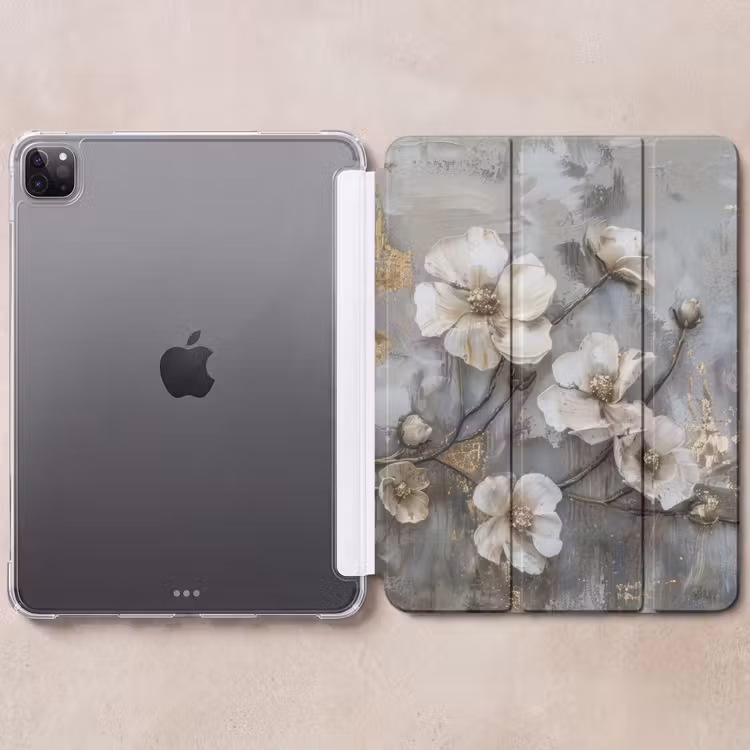 iPad-Hülle - Blumen - Weiß - Grau - Gold - Luxus — 6