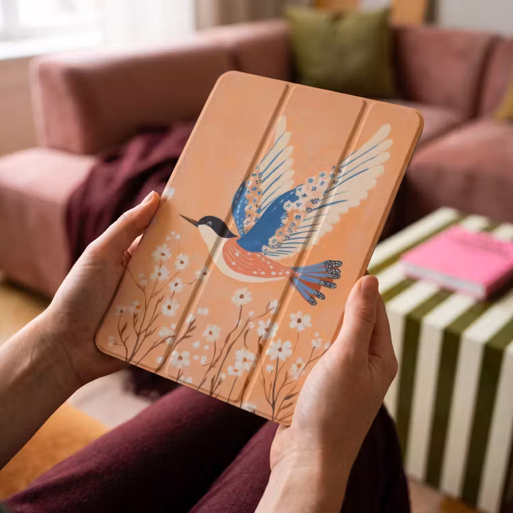 iPad-Hülle - Vogel - Blütenzweige - Warm - Farbenfroh — 4