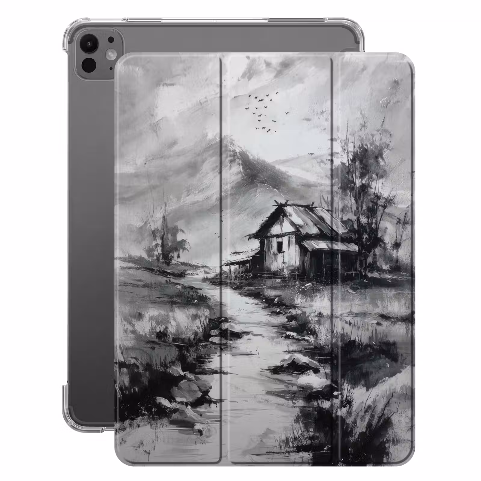 iPad-Hülle - Hütte - Grau - Berge - Neblig — 1