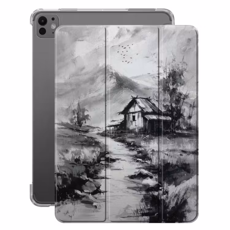 iPad-Hülle - Hütte - Grau - Berge - Neblig — 1
