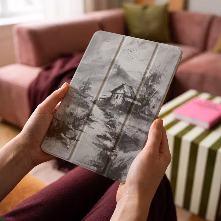 iPad-Hülle - Hütte - Grau - Berge - Neblig — 4