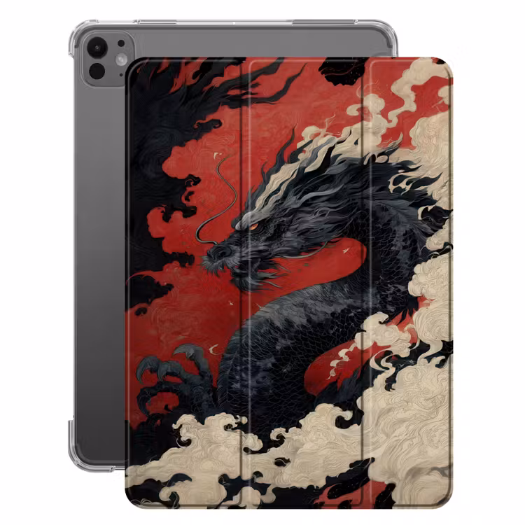 iPad-Hülle - Schwarzer Drache - Rauchwolken - Rot — 1