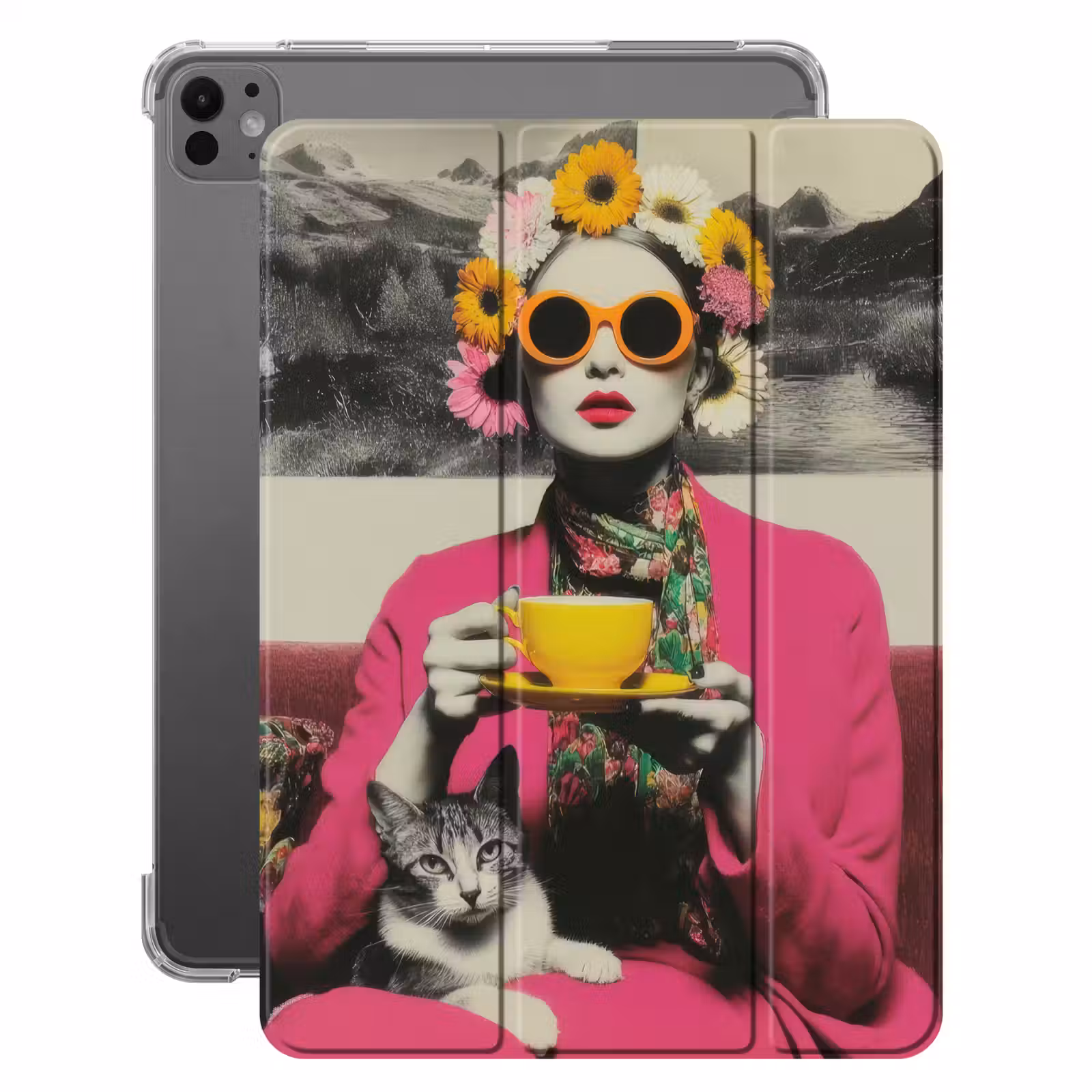 iPad-Hülle - Frau - Katze - Blumen - Tasse - Retro — 1