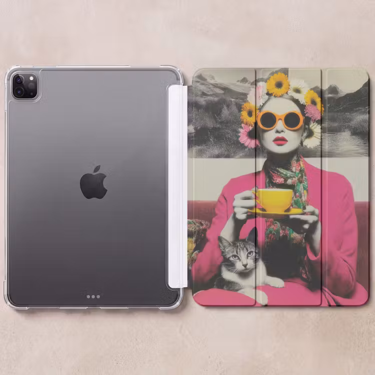 iPad-Hülle - Frau - Katze - Blumen - Tasse - Retro — 6