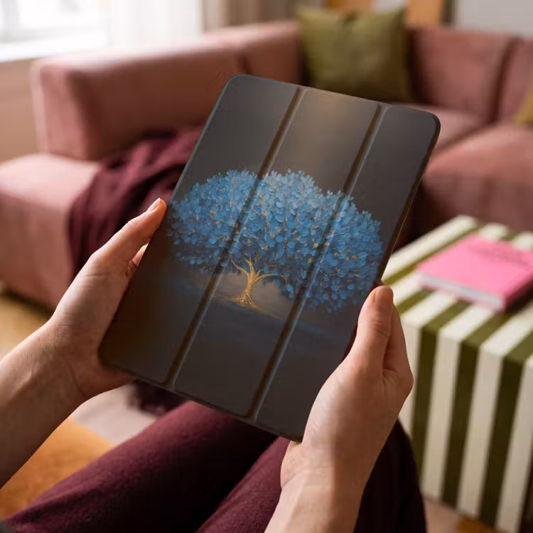 iPad-Hülle - Baum - Blau - Blätter - Pinselstriche — 4