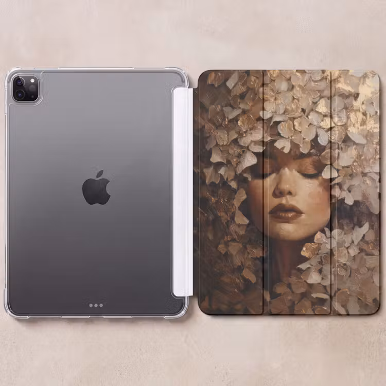 iPad-Hülle - Gesicht - Dame - Blätter - Pinselstriche — 6