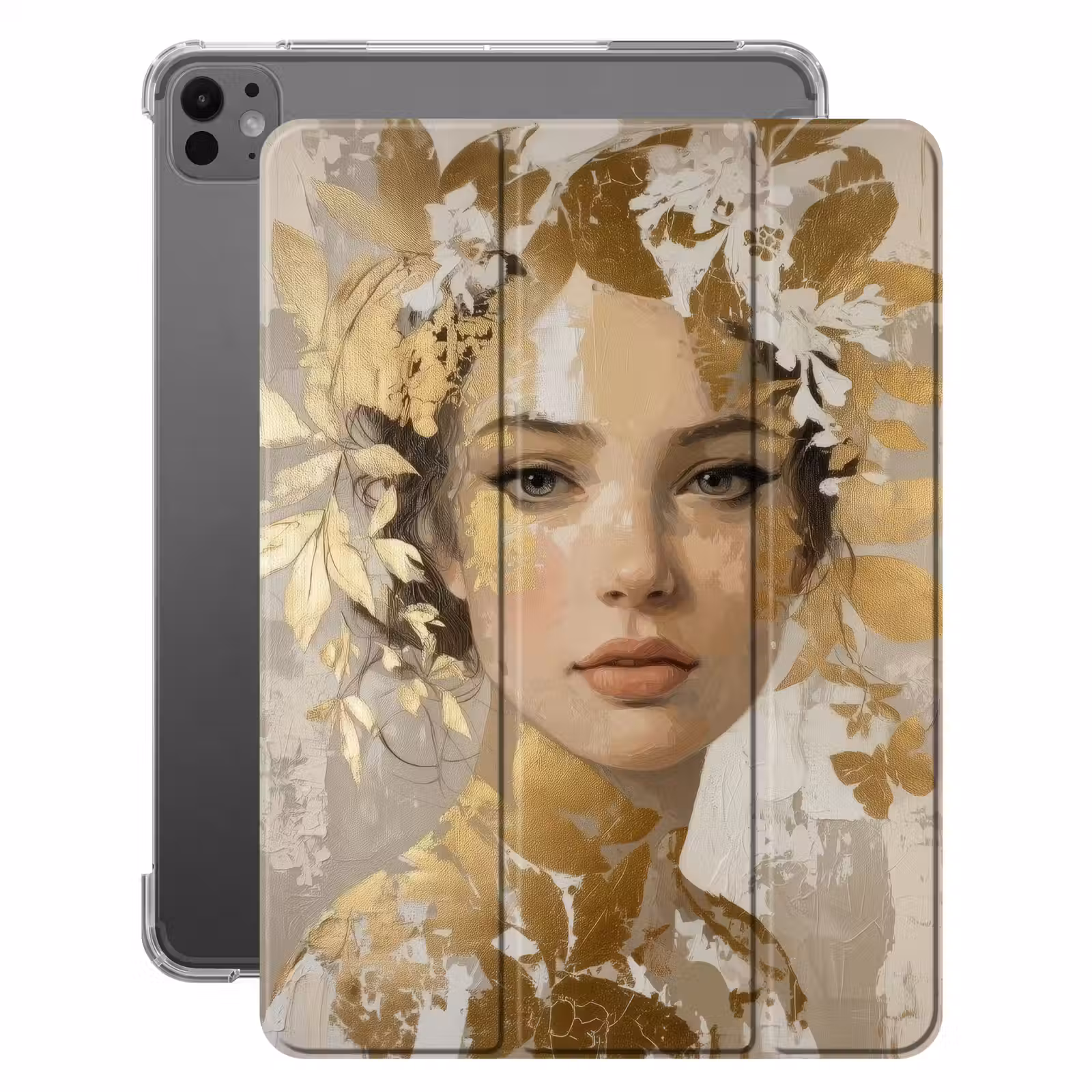 iPad-Hülle - Gesicht - Frau - Blätter - Gold — 1